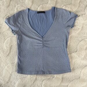 Brandy Melville Floral Print Blue V Neck Ruched Short Sleeve Top Womens One Size